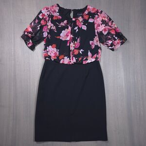 Connected Apparel Floral Chiffon Popover Sheath Dress Black Pink Womens Size 10